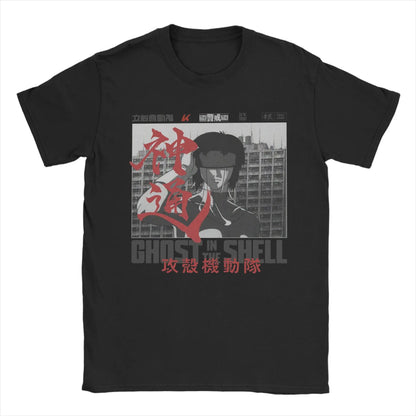 Ghost in the Shell: Major & Japanese Text Print T-Shirt Oversized Black Streetwear Cotton Tee Anime Sci-Fi Aesthetic