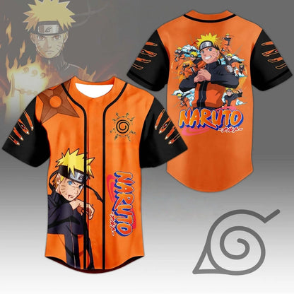 Naruto: Multi-Shadow Clone Print Baseball Shirt Orange and Black Color Block Y2K Style Unisex Short-Sleeve T-Shirt