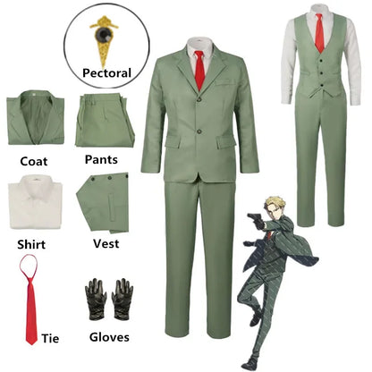 Spy x Family: Loid Forger Cosplay Costume Set Men Light Green Suit Twilight Outfit Shirt Pants Vest Red Tie Halloween