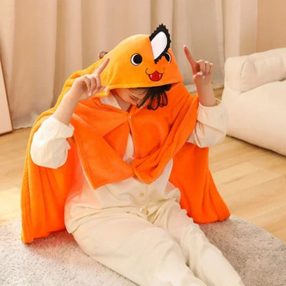 Chainsaw Man: Pochita Blanket Shawl Cute Women Pajamas Kawaii Chainsaw Man Cosplay Costume Adult Plaid Blanket Flannel Homewear