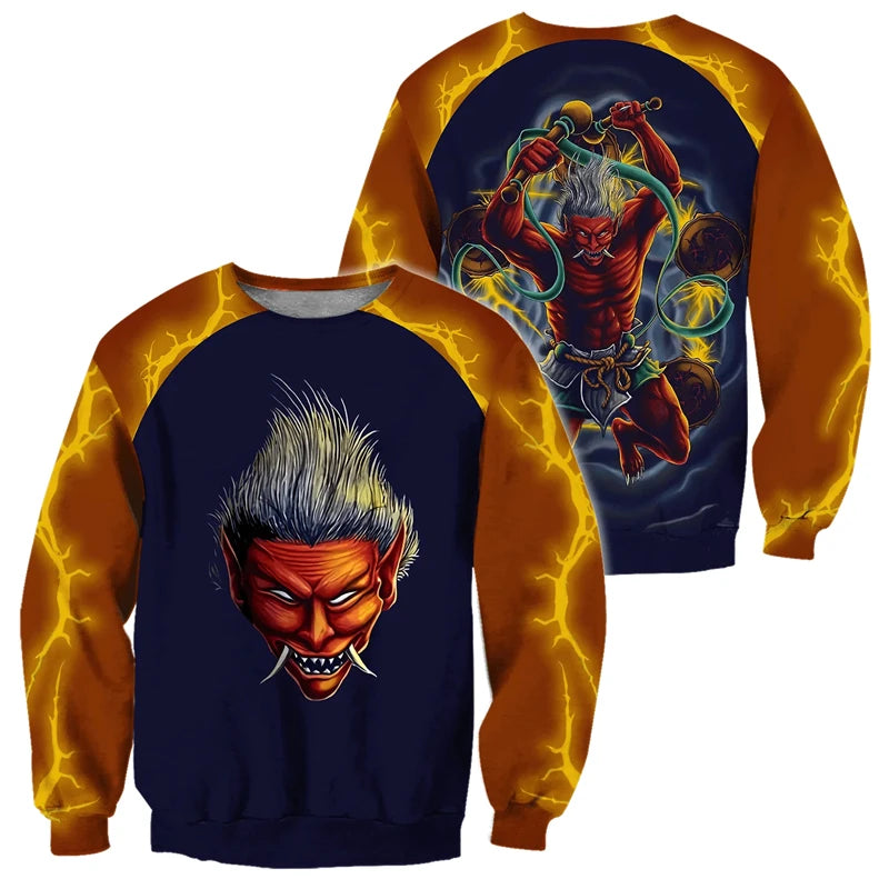 I.L.F.A.: Japanese Mythology Mask Printed Sweatshirt Men's Clothes Harajuku Street Pullover Top 3D Printed Mysterious Culture Sweatshirts