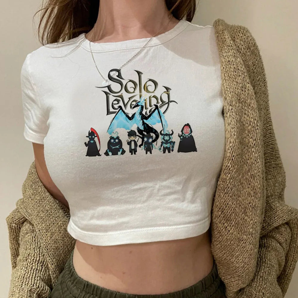 Solo Leveling: Levelling crop top gothic  summer cute Aesthetic 2000s harajuku coquette Streetwear babydoll woman t-shirt