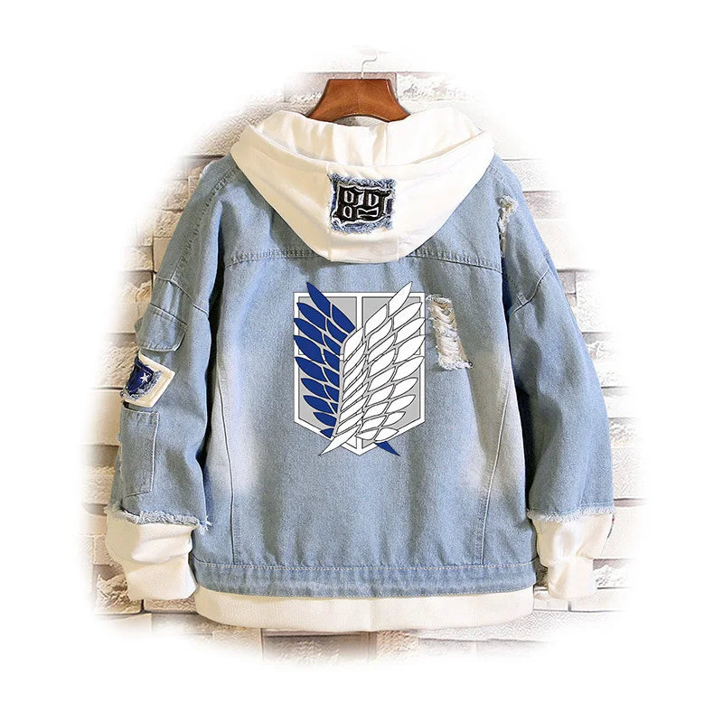 Attack on Titan: Jeans Jacket Scout Regiment Cosplay Denim Jacket Eren Jager Hooded Outwear Coat