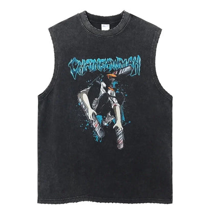 Chainsaw Man: Distressed Tank Top Reze Bomb Devil Hybrid Print Men Women Cotton Loose Fit Comfort Gym Streetwear Unisex