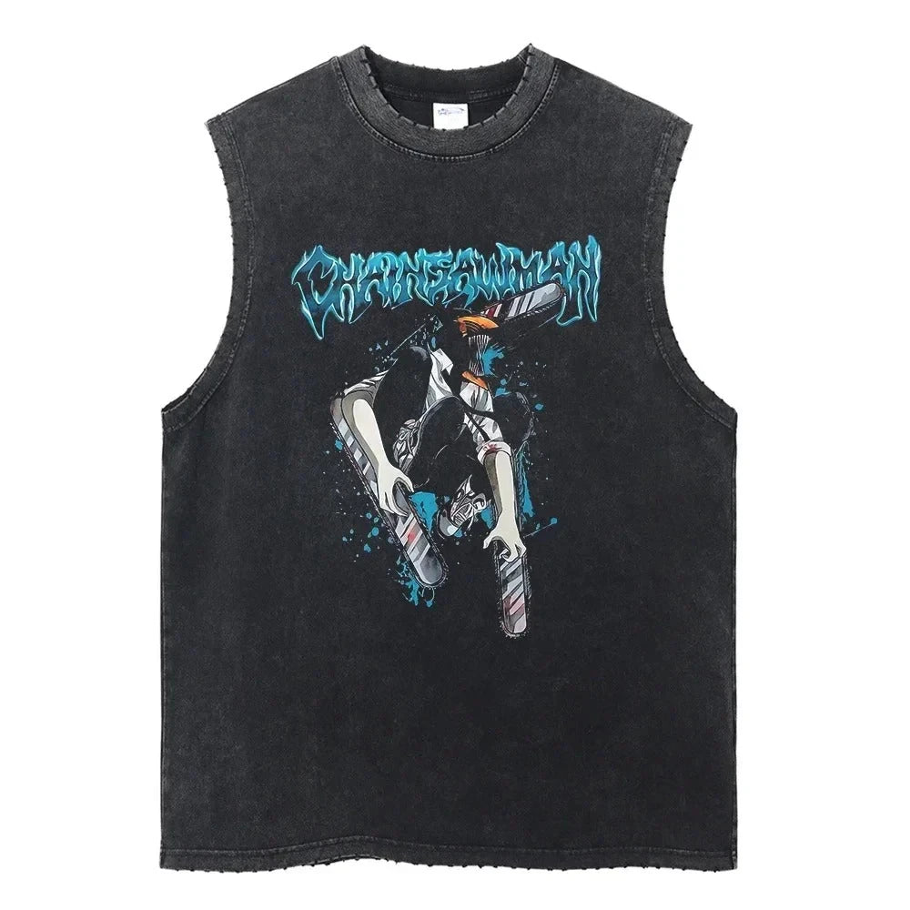Chainsaw Man: Distressed Tank Top Reze Bomb Devil Hybrid Print Men Women Cotton Loose Fit Comfort Gym Streetwear Unisex