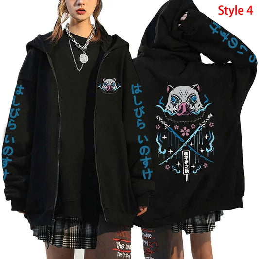 Demon Slayer: Hot Hashibira Inosuke Printing Zipper Hoodie Fashion Y2k Personality Zipper Long Sleeve Hooded Sweatshirt