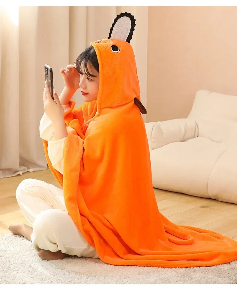 Chainsaw Man: Pochita Blanket Shawl Cute Women Pajamas Kawaii Chainsaw Man Cosplay Costume Adult Plaid Blanket Flannel Homewear
