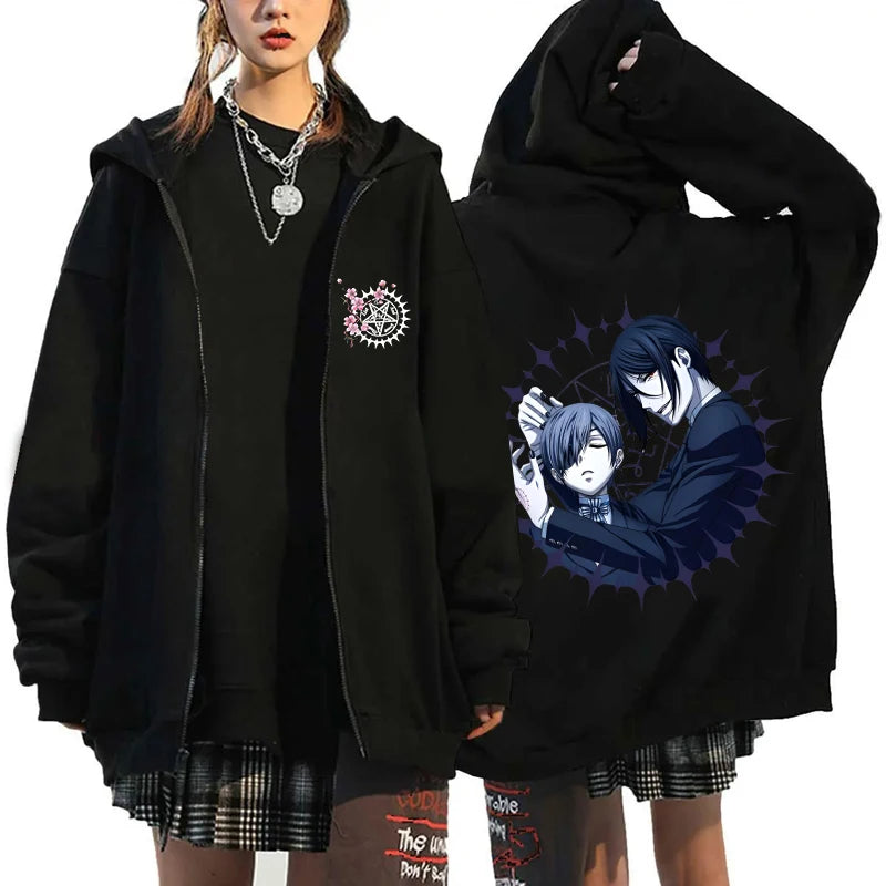 Anime Black Butler Michaelis Sebastian Phantomhive Ciel Print Hooded Men Women Hoodies Casual Sweatshirt Harajuku Zipper Jacket
