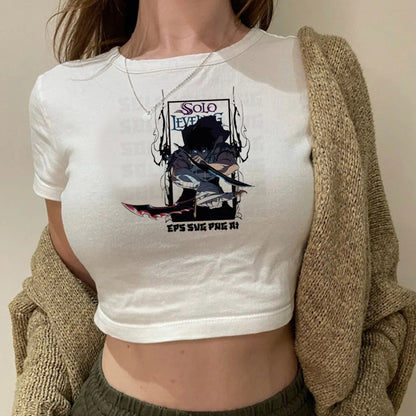 Solo Leveling: Levelling crop top gothic  summer cute Aesthetic 2000s harajuku coquette Streetwear babydoll woman t-shirt