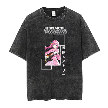 Bocchi The Rock: Manga Ryo Top Print Vintage T-Shirt Casual Basis O-Collar Black Shirt Short Sleeve Washed T-Shirt