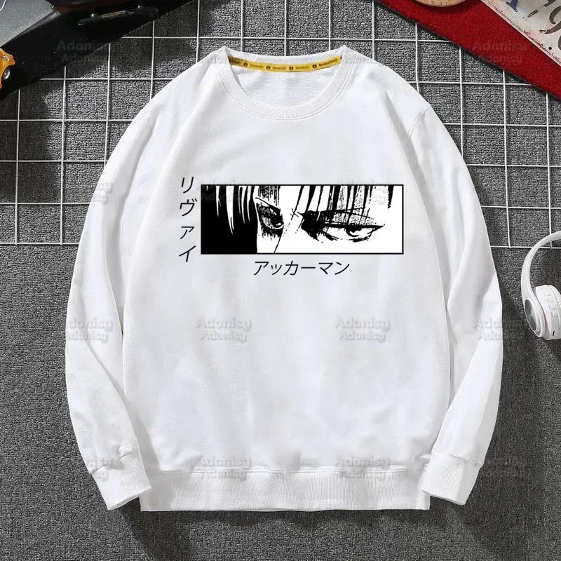Anime Attack On Titan: Hoodies Autumn Hooded Sweatshirt Levi Ackerman Eye Men Hip Hop Hoodie Classic Hoody Pullover Tops white