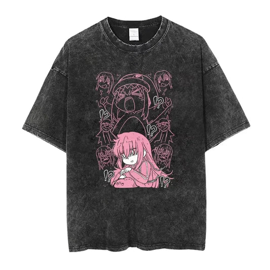 Bocchi The Rock: Manga Ryo Top Print Vintage T-Shirt Casual Basis O-Collar Black Shirt Short Sleeve Washed T-Shirt