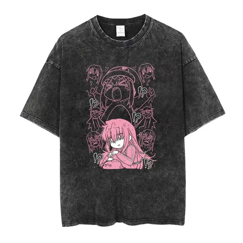 Bocchi The Rock: Manga Ryo Top Print Vintage T-Shirt Casual Basis O-Collar Black Shirt Short Sleeve Washed T-Shirt