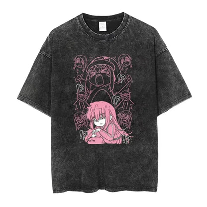 Bocchi The Rock: Manga Ryo Top Print Vintage T-Shirt Casual Basis O-Collar Black Shirt Short Sleeve Washed T-Shirt
