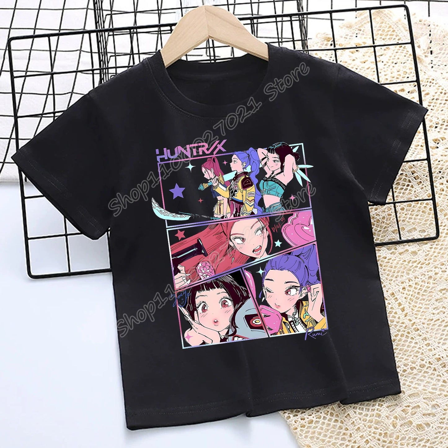 KPop Demon Hunters: T-shirt for Children Cartoon Black Tee Top Girls Round Collar Short Sleeve Clothes Kids Summer Clothing Gift