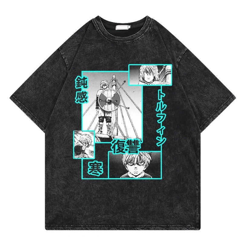 Vinland Saga: Vintage Washed Tshirt Graphic Print Hip Hop Streetwear Loose Y2k Summer Short Sleeve Harajuku 100% Cotton Top