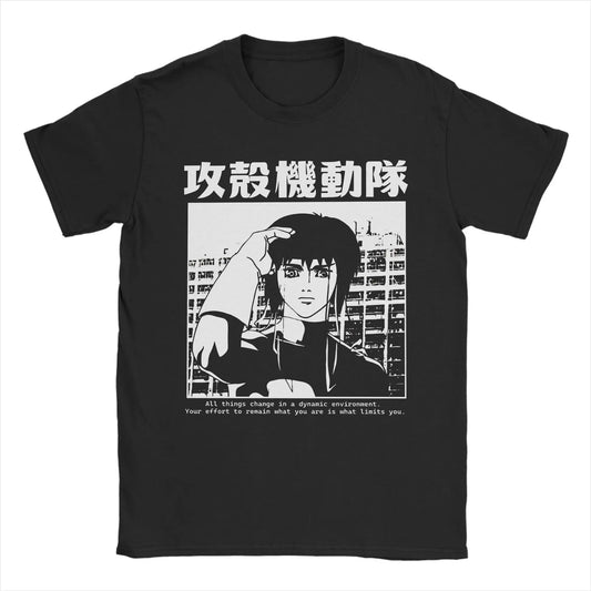 Ghost in the Shell: Major & Japanese Text Print T-Shirt Oversized Black Streetwear Cotton Tee Anime Sci-Fi Aesthetic