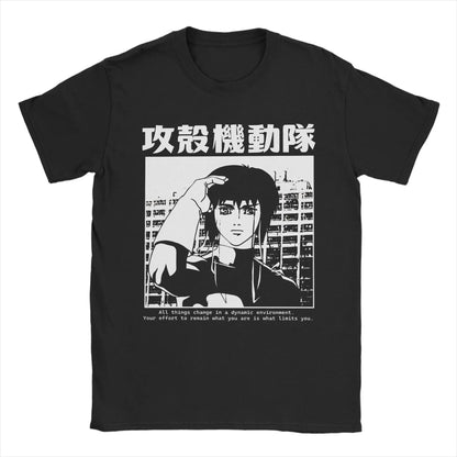 Ghost in the Shell: Major & Japanese Text Print T-Shirt Oversized Black Streetwear Cotton Tee Anime Sci-Fi Aesthetic