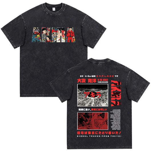 Akira: Washed Vintage T Shirt Science Fiction Cartoon Movie Shotaro Kaneda T-shirt Cotton Casual T-shirt