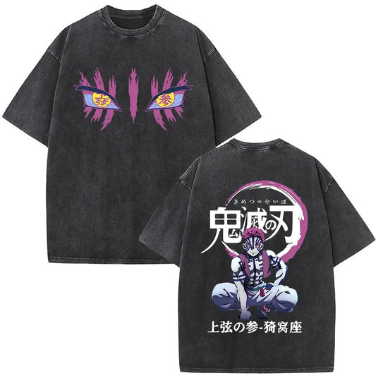 Demon Slayer: Washed Vintage Anime Akaza Graphic T-shirts Men Women Clothing Cotton Oversized Short Sleeve T Shirts Streetwear