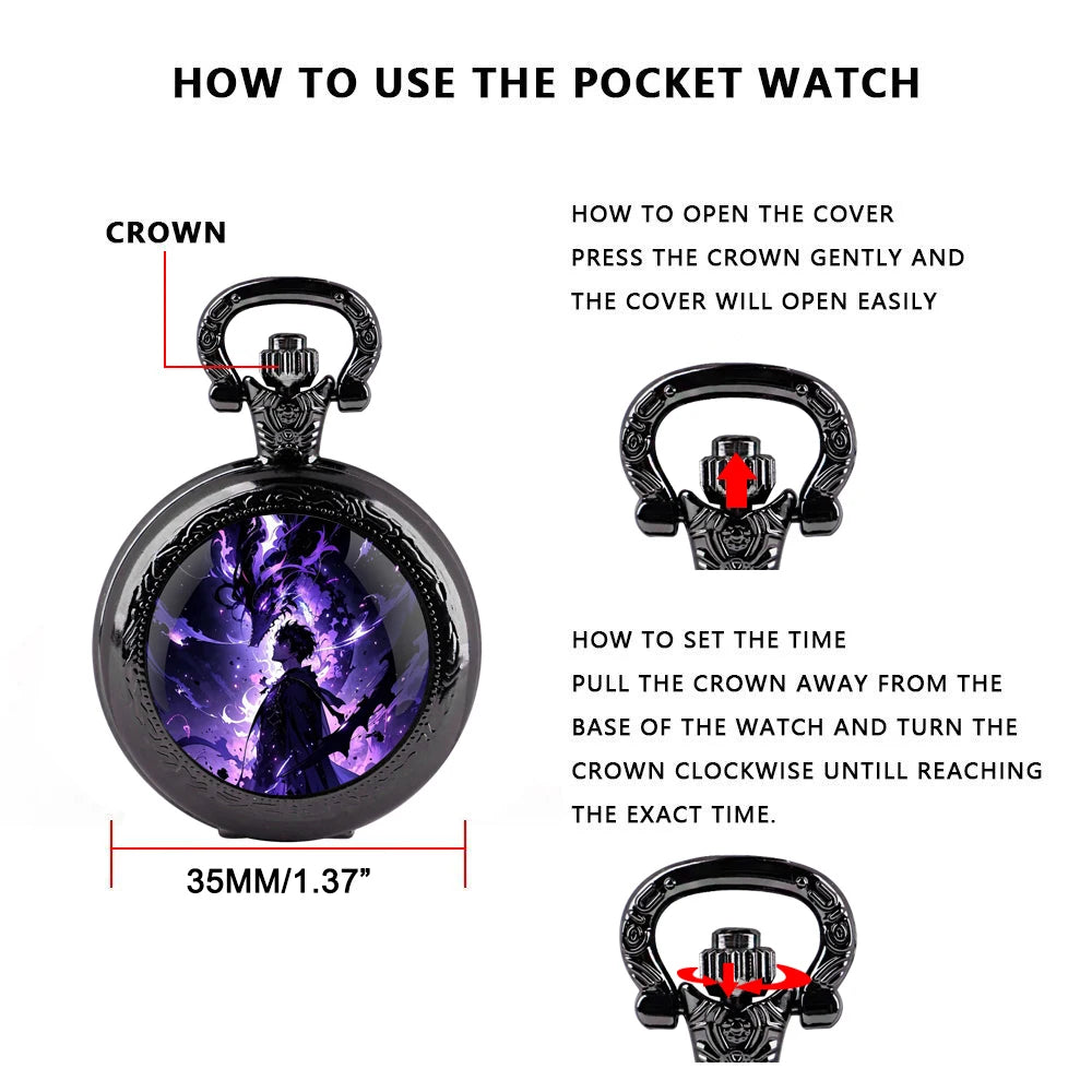 Solo Leveling Arabic Dial Black Glass Dome Quartz Pocket Watch Vintage Accessory Women Necklace Pendant Clock Men Gifts Relógio