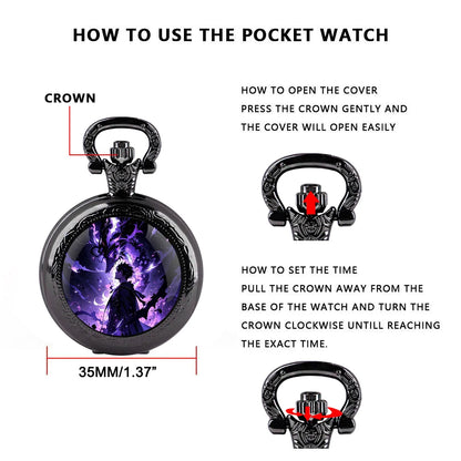 Solo Leveling Arabic Dial Black Glass Dome Quartz Pocket Watch Vintage Accessory Women Necklace Pendant Clock Men Gifts Relógio