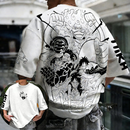 One Piece: Anime Printed Luffy Surrounding Round Neck Short Sleeve 2026 Spring/Summer Men's Loose Breathable Cotton T-shirt