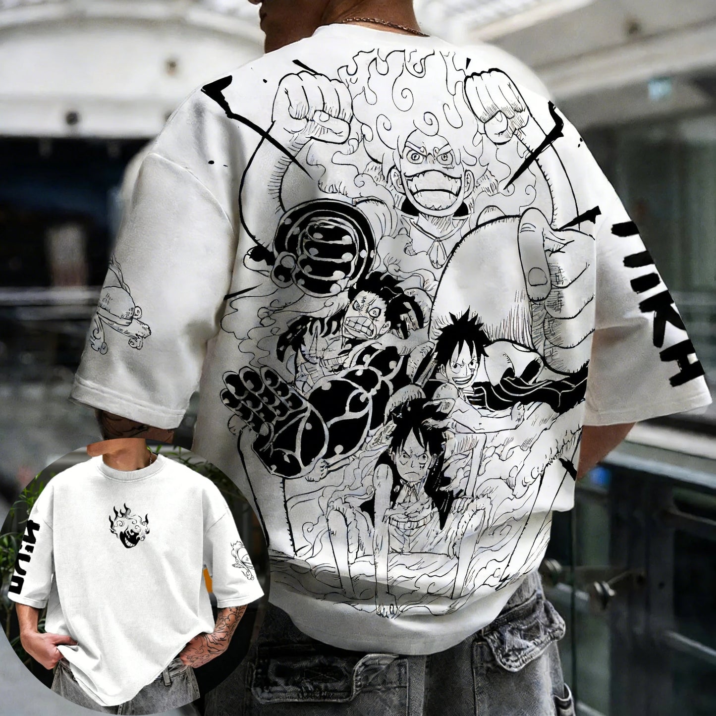 One Piece: Anime Printed Luffy Surrounding Round Neck Short Sleeve 2026 Spring/Summer Men's Loose Breathable Cotton T-shirt