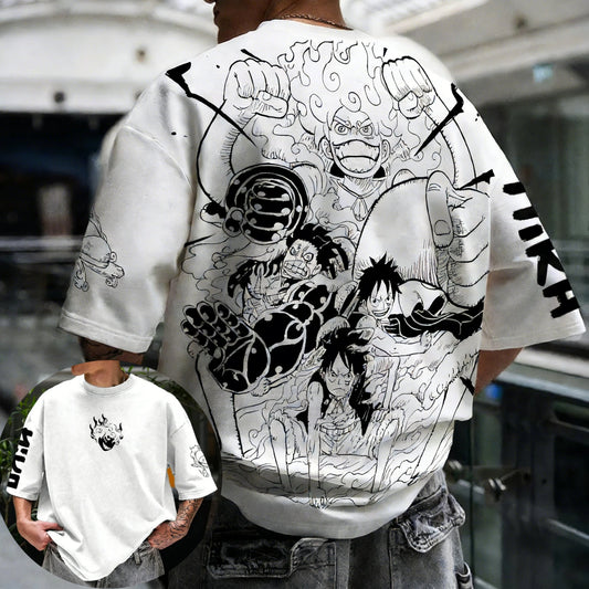 One Piece: Anime Printed Luffy Surrounding Round Neck Short Sleeve 2026 Spring/Summer Men's Loose Breathable Cotton T-shirt