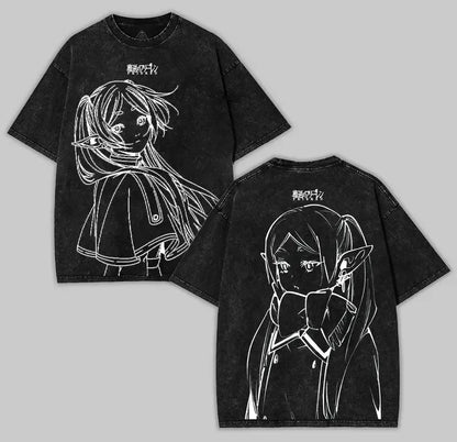 Frieren: Beyond Journey's End -- T-shirt Men's Unisex Clothing Washed Oversized T Shirt High Quality Cotton Tees Tops