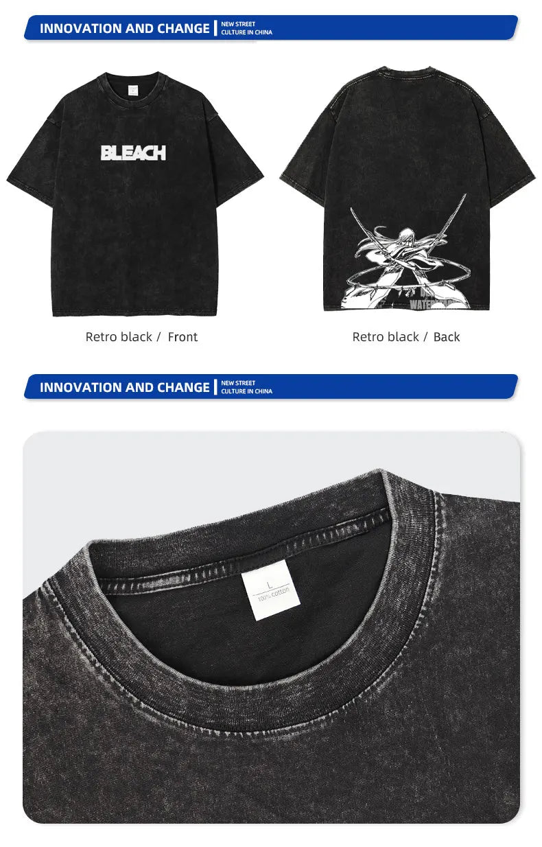Bleach: Zaraki Kenpachi T Shirts Oversized Vintage Washed  T-shirt Manga Kurosaki Ichigo T Shirt Renji Uryuu Tops Tees Man