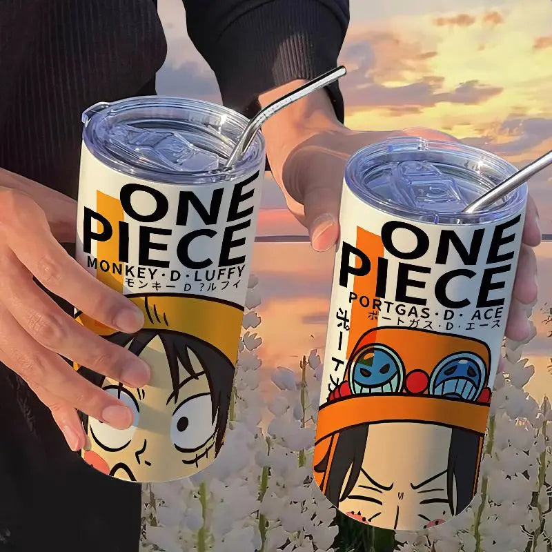 One Piece: Luffy Roronoa Zoro Coffee Cups with Straw Kawaii Cartoon Anime Nami Portgas D Ace Portable Stainless Steel Thermos Cup