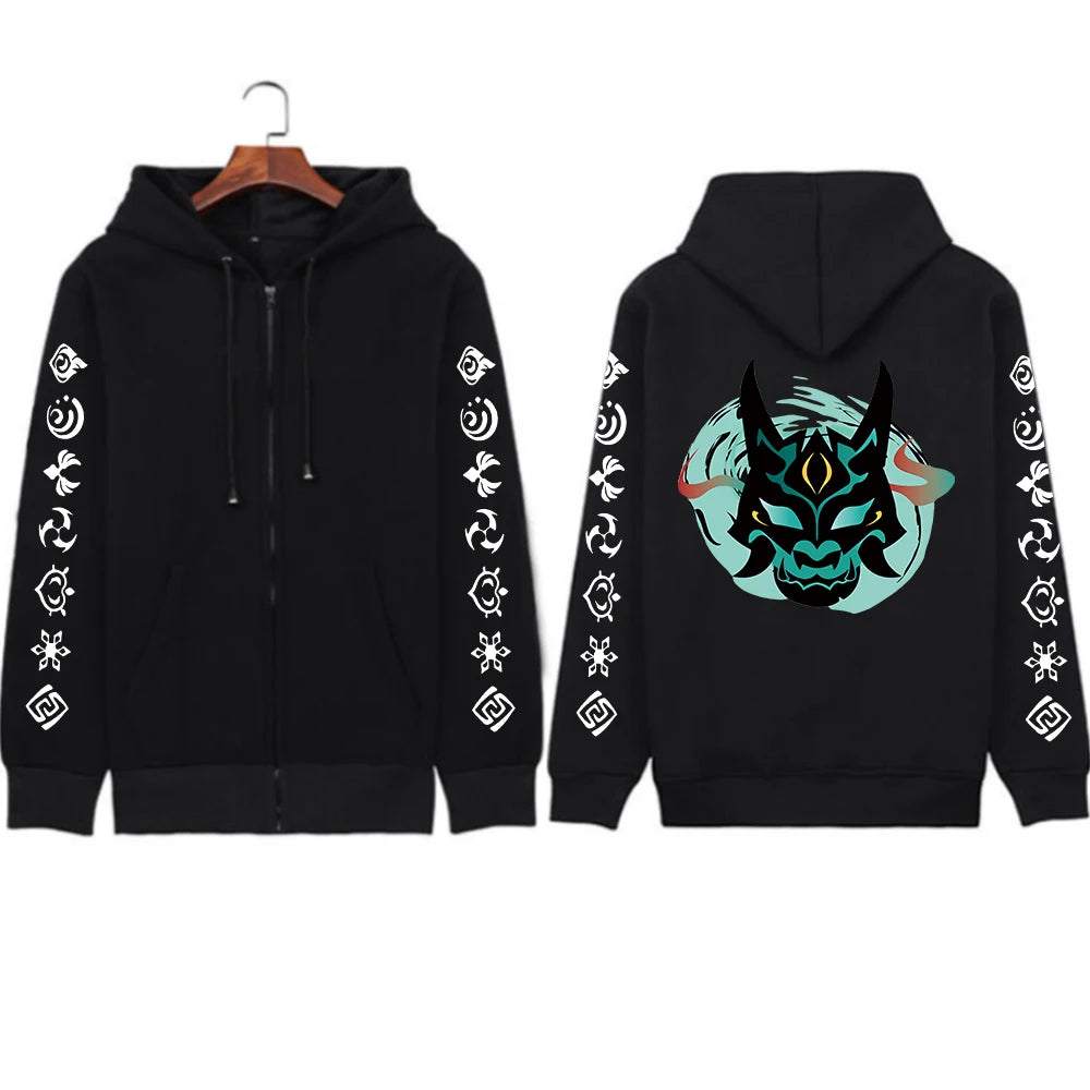 Genshin Impact: Xiao Mask Fangs Anime Print Zipper Hoodies Men Women Harajuku Fashion Long Sleeve Plus Size Zipper Jacket Coat