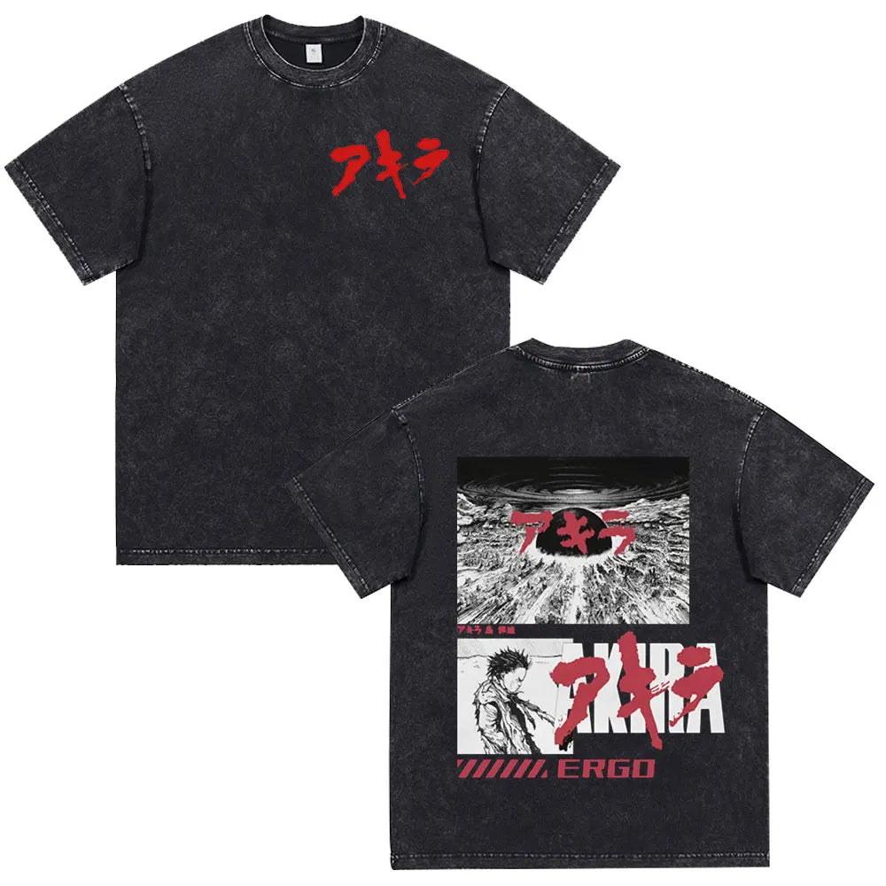 Akira: Washed Vintage T Shirt Science Fiction Cartoon Movie Shotaro Kaneda T-shirt Cotton Casual T-shirt
