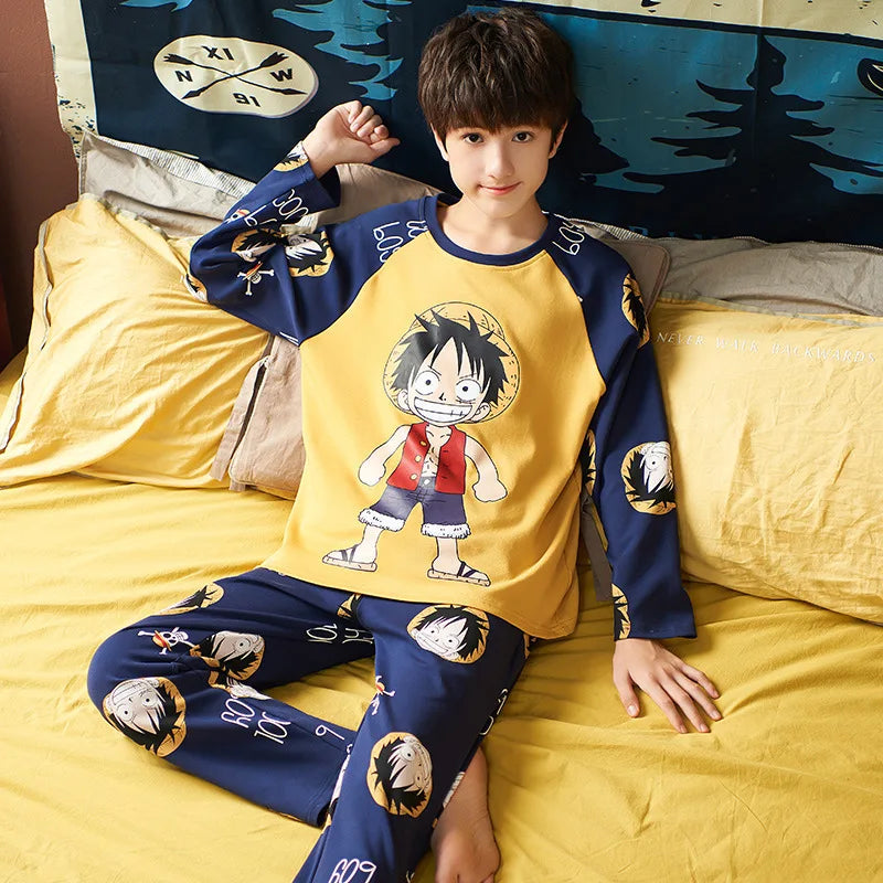 One Piece: Luffy Cute Cartoon Kids Pajamas Suit 3-14 Y Boys Autumn Thin Long Sleeves Home Clothes Sleepwear Set Kids Gift