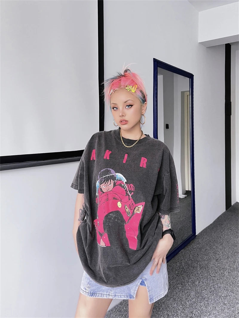 Akira: Vintage T-Shirt Summer Washed 100% Cotton Loose High Street Casual Men and Women Short Sleeve