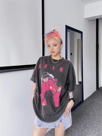 Akira: Vintage T-Shirt Summer Washed 100% Cotton Loose High Street Casual Men and Women Short Sleeve