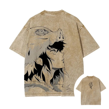 Demon Slayer: Men's Women's Washed T-Shirt Inosuke Hashibira Summer Spring Anime Tee Retro Distressed High Quality Short Sleeve