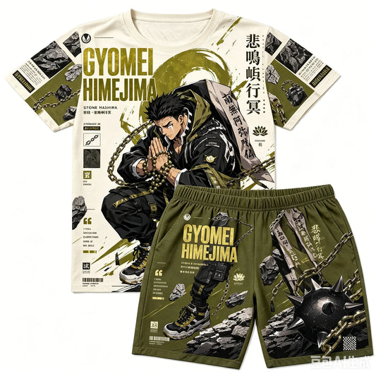 Demon Slayer: Gyomei Himejima  Soccer Print T-Shirt Shorts Set For Men Women Kids Soft Anime Summer Loungewear Pajama