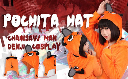 Chainsaw Man: DAZCOS  Pochita Peripheral Hat Denji Cosplay Soft Headgear Anime Orange Kigurumi Hat with Pochita Face Legs and Tail