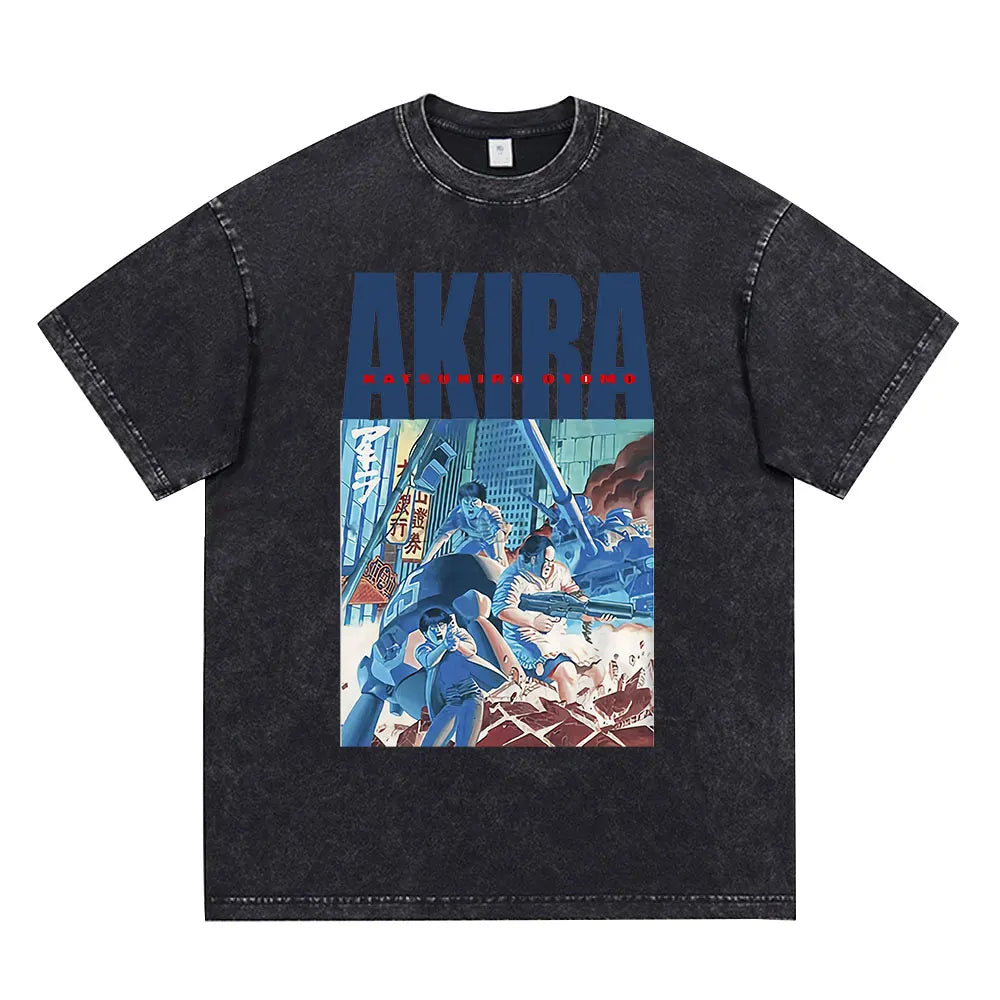 Akira: Washed Vintage T Shirt Science Fiction Cartoon Movie Shotaro Kaneda T-shirt Cotton Casual T-shirt