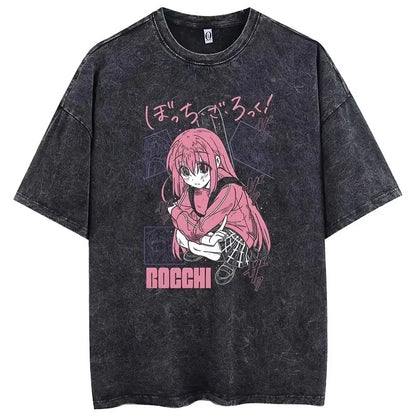 Bocchi The Rock: Manga Ryo Top Print Vintage T-Shirt Casual Basis O-Collar Black Shirt Short Sleeve Washed T-Shirt