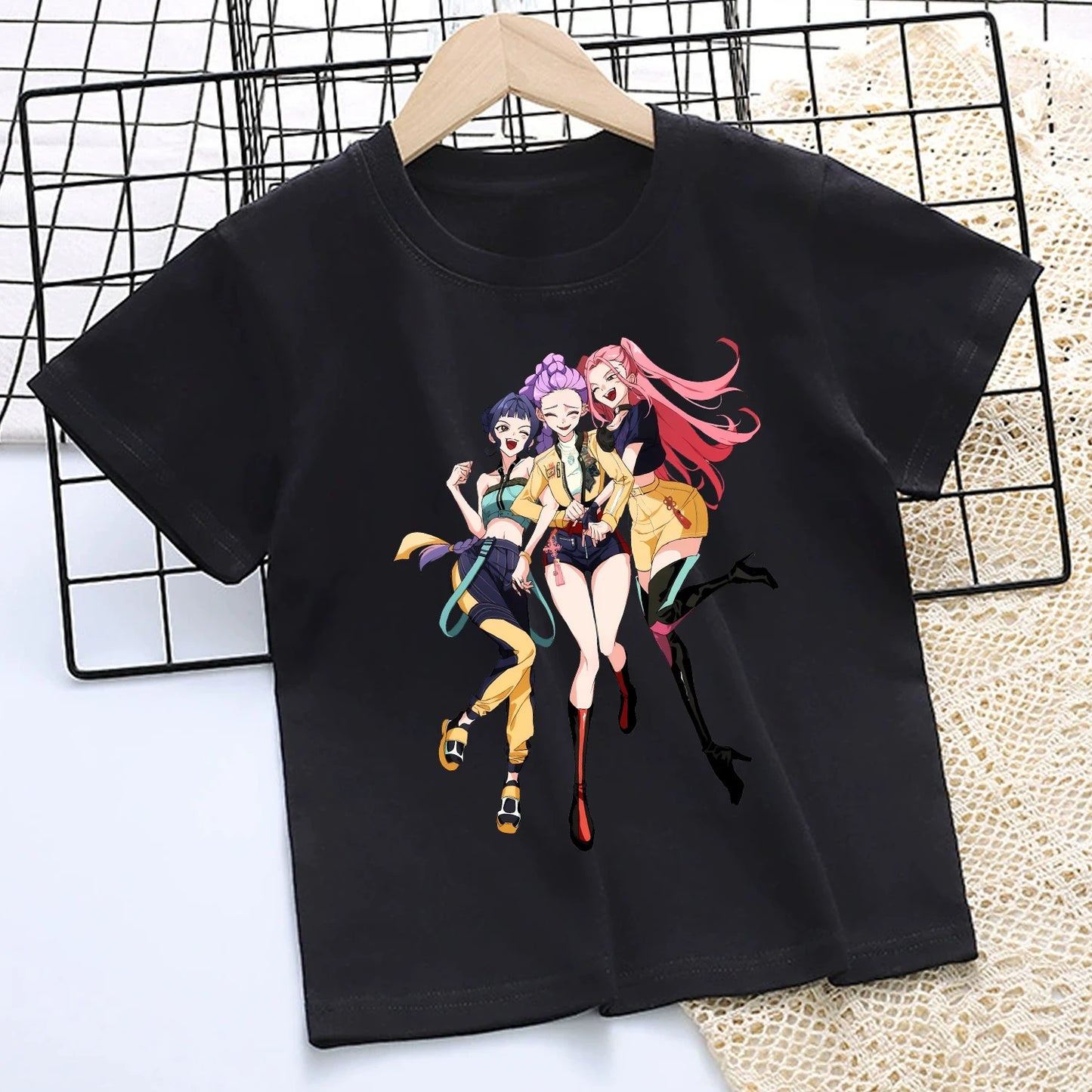 KPop Demon Hunters: T-shirt for Children Cartoon Black Tee Top Girls Round Collar Short Sleeve Clothes Kids Summer Clothing Gift