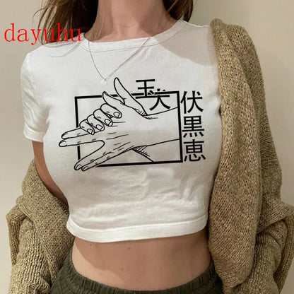 Jujutsu Kaisen: T Shirt Gojo Satoru Tops Yuji Itadori Cropped Tees T-shirt