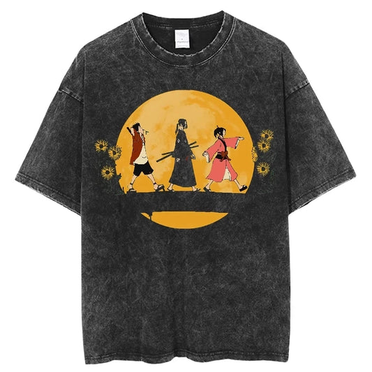 Samurai Champloo: T-shirt Vintage Washed Oversized T-Shirts Men's Women's Clothing Pure Cotton Short-Sleeved Tees