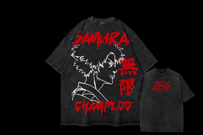 Samurai Champloo: Mugen Graphic Retro T Shirt Summer Y2K Streetwear Washed Cotton Men Tops Clothing