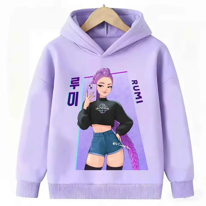 KPop Demon Hunters: Hoodie Kids Boys Girls Purple Warm Casual Loose Sweatshirt Children Fashion Streetwear Tops