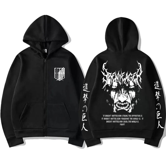 Attack on Titan:  Eren Jaeger Merch Zipper Hoodie Men Women Casual Oversized Zip Up Jacket Cartoon Manga Cosplay Streetwear