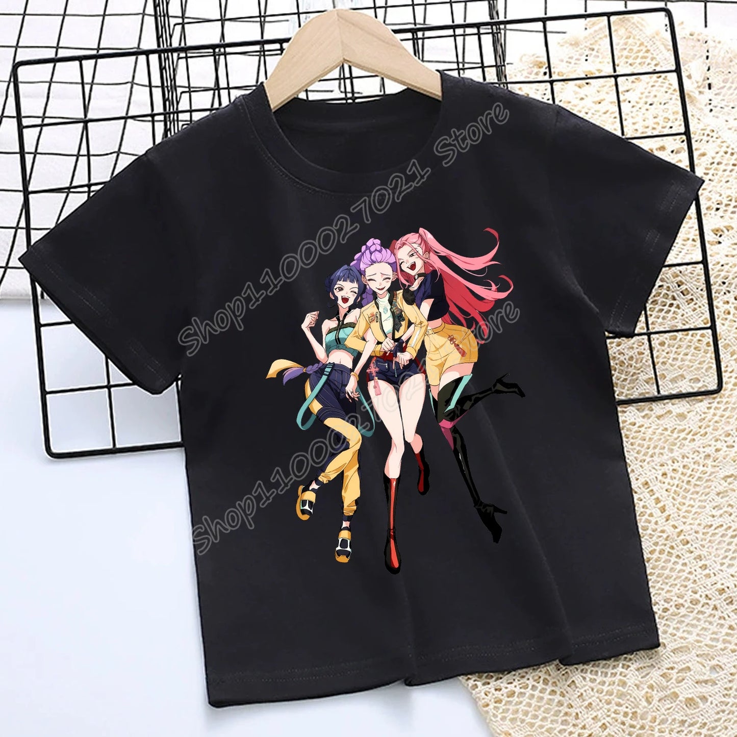KPop Demon Hunters: T-shirt for Children Cartoon Black Tee Top Girls Round Collar Short Sleeve Clothes Kids Summer Clothing Gift
