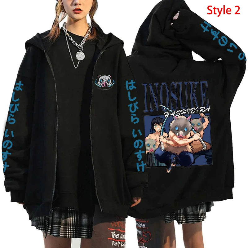 Demon Slayer: Hot Hashibira Inosuke Printing Zipper Hoodie Fashion Y2k Personality Zipper Long Sleeve Hooded Sweatshirt